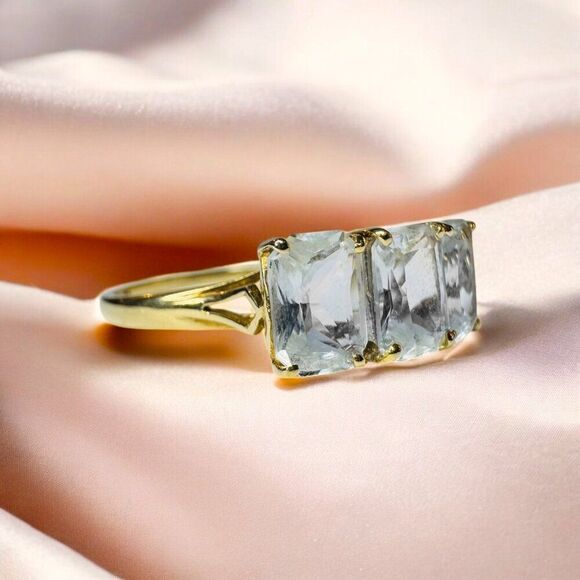 Vintage- 14K Gold- Aquamarine Ring- sz 10.25 -Emerald Cut-3CT- Three Stone -2.4g - Picture 9 of 16